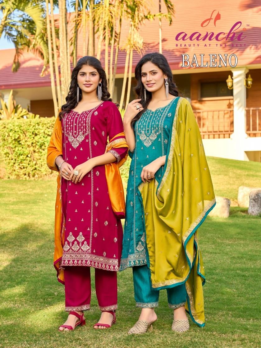 aanchi baleno vichitra silk popular design full stitch salwar kameez 