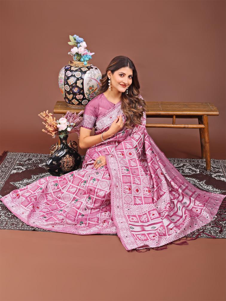 ASTITA BANDEJ FANCY DESIGNER LINEN COTTON FABRIC SAREE WHOLSALE WITH LATKAN