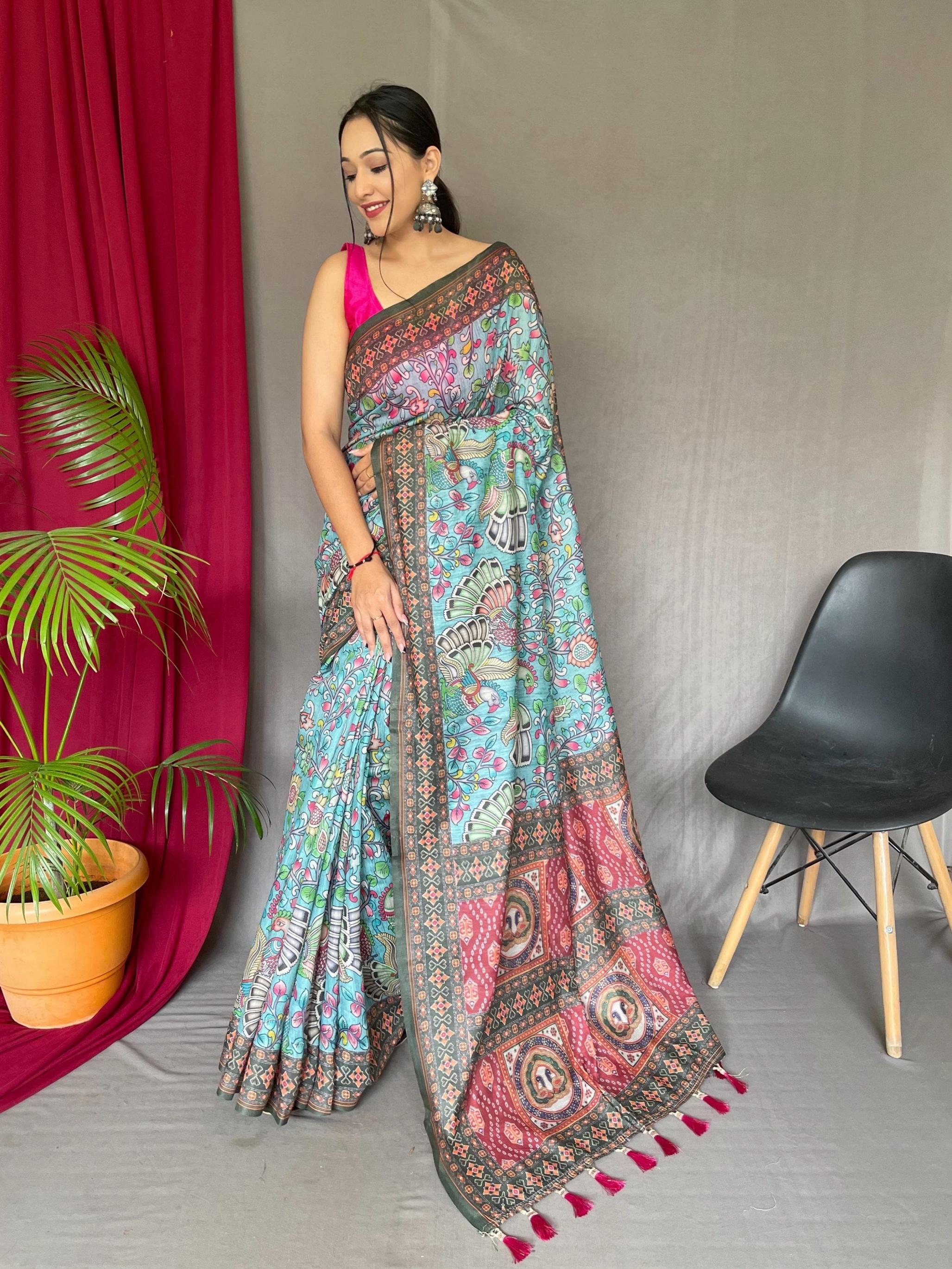 BANDHANI KALAMKARI BIG BORDERED PRINTED SAREE