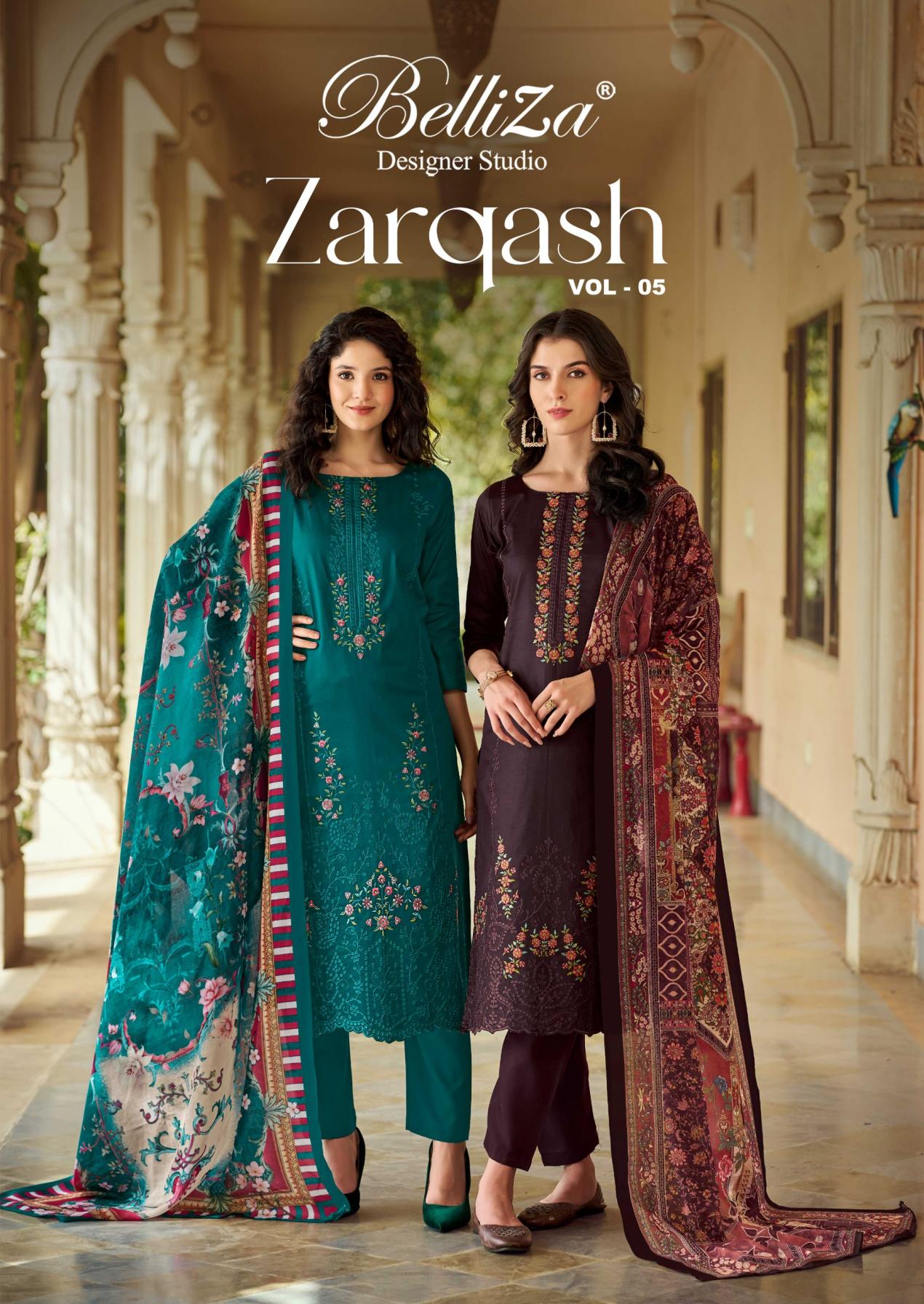 zarqash vol 5 by belliza designer zam modern pakistani unstitch suit 