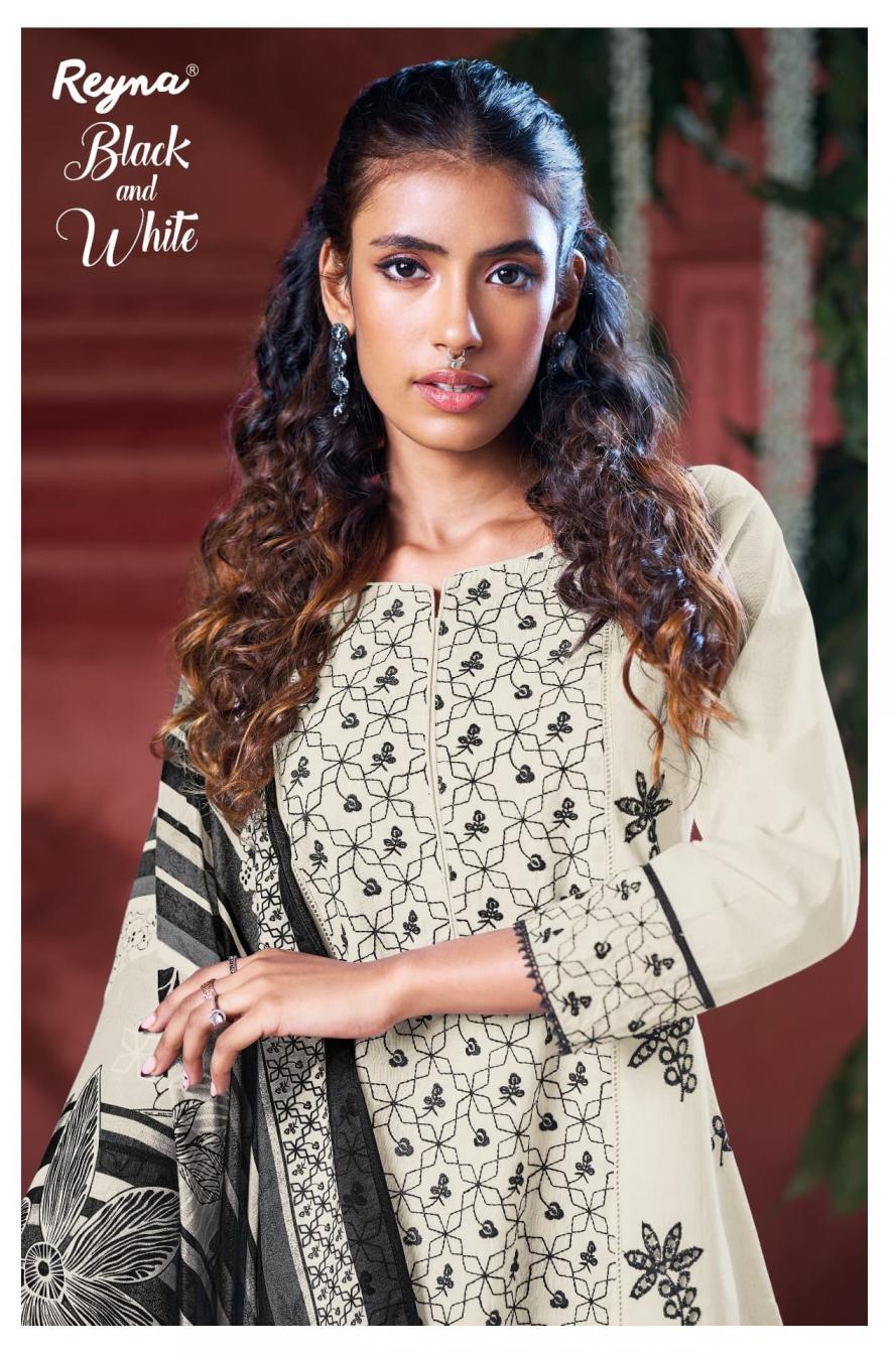 REYNA BLACK & WHITE COTTON CASUAL PAKISTANI SUIT FOR WOMENS 
