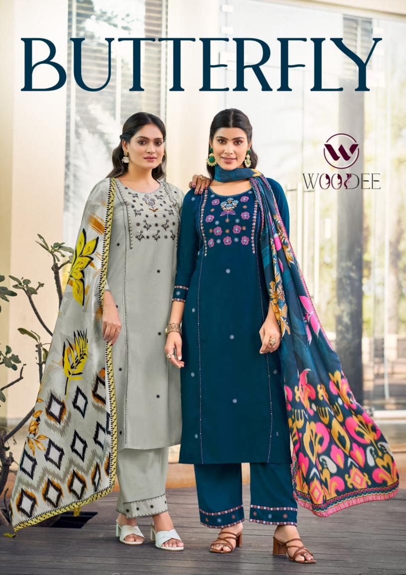 WOODEE BUTTERFLY AMAZING WORK RAYON FULLY STITCH SUIT FOR WOMENS 