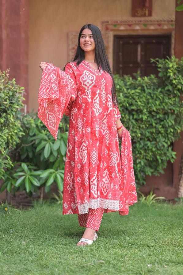 CAMBRIC COTTON FULLY STITCH ANARKALI STYLE KURTI PANT WITH DUPATTA COMBO SET