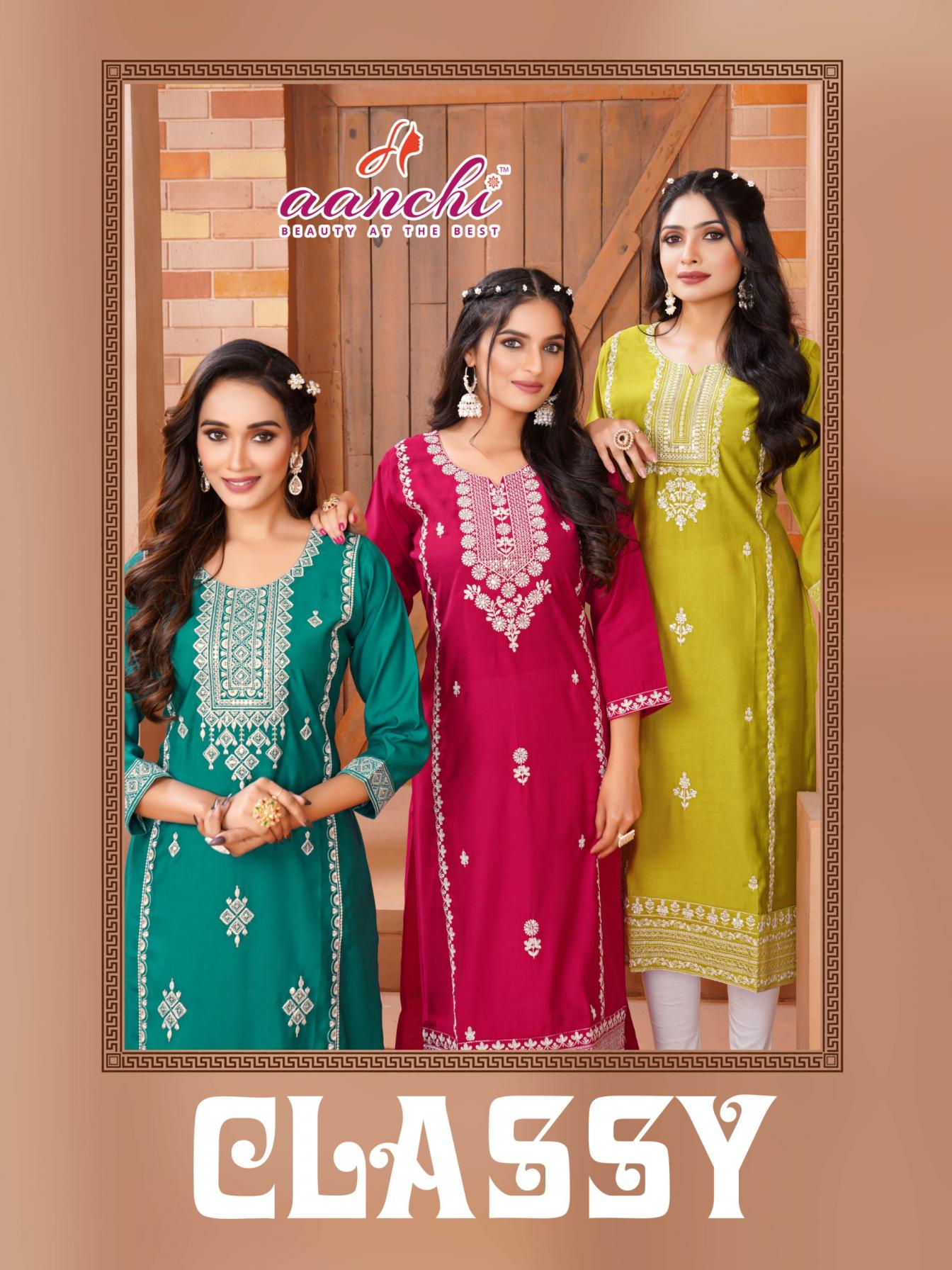 aanchi classy elegant style full stitch roman silk long kurti
