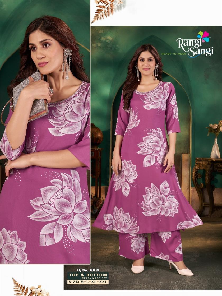 rangi sangi co-ord sets long outfits rayon readymade stylish kurti with pant