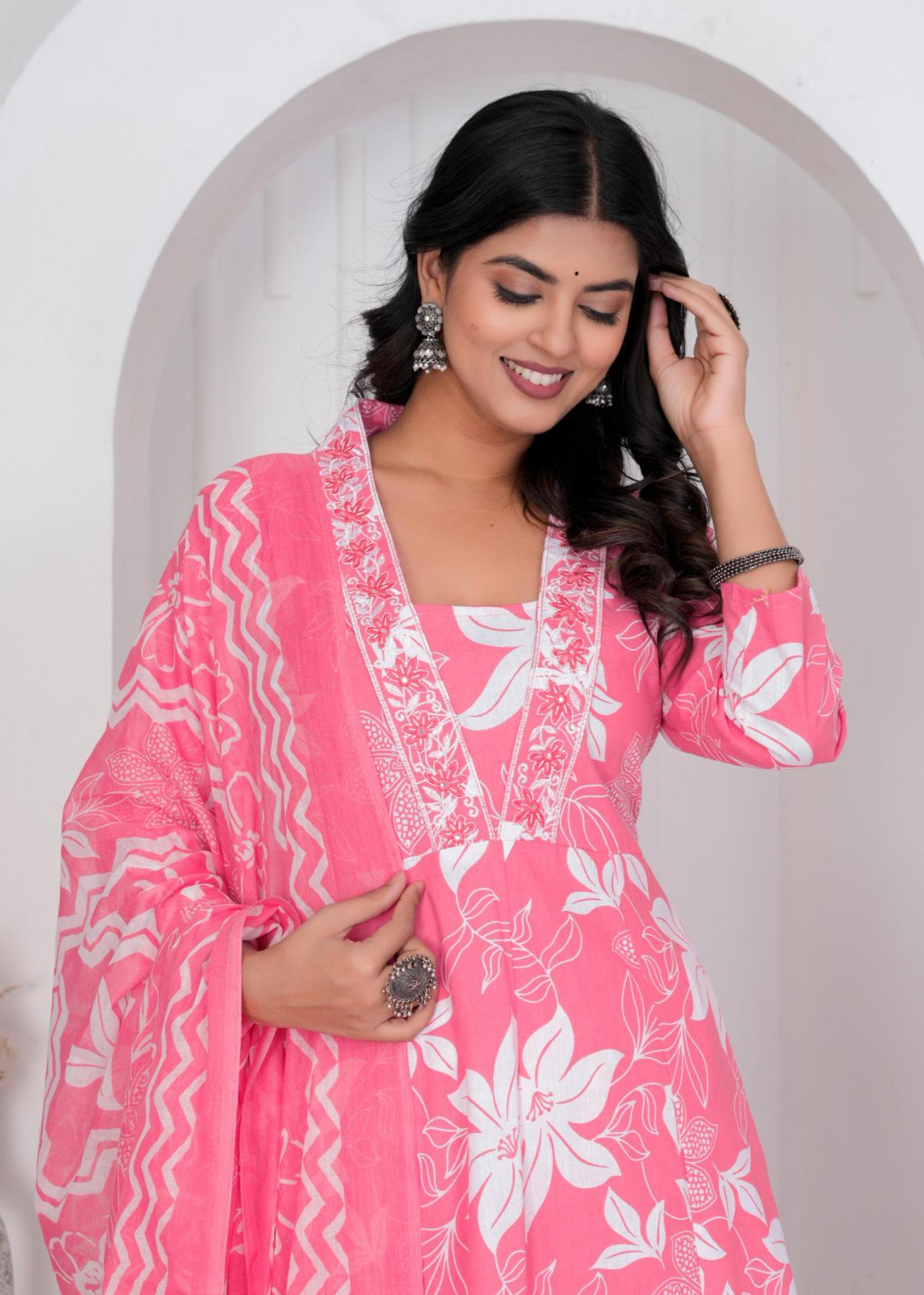 COTTON PRINT FASHIONABLE DESIGN ANARKALI COMBO FULL STITCH SUITS 