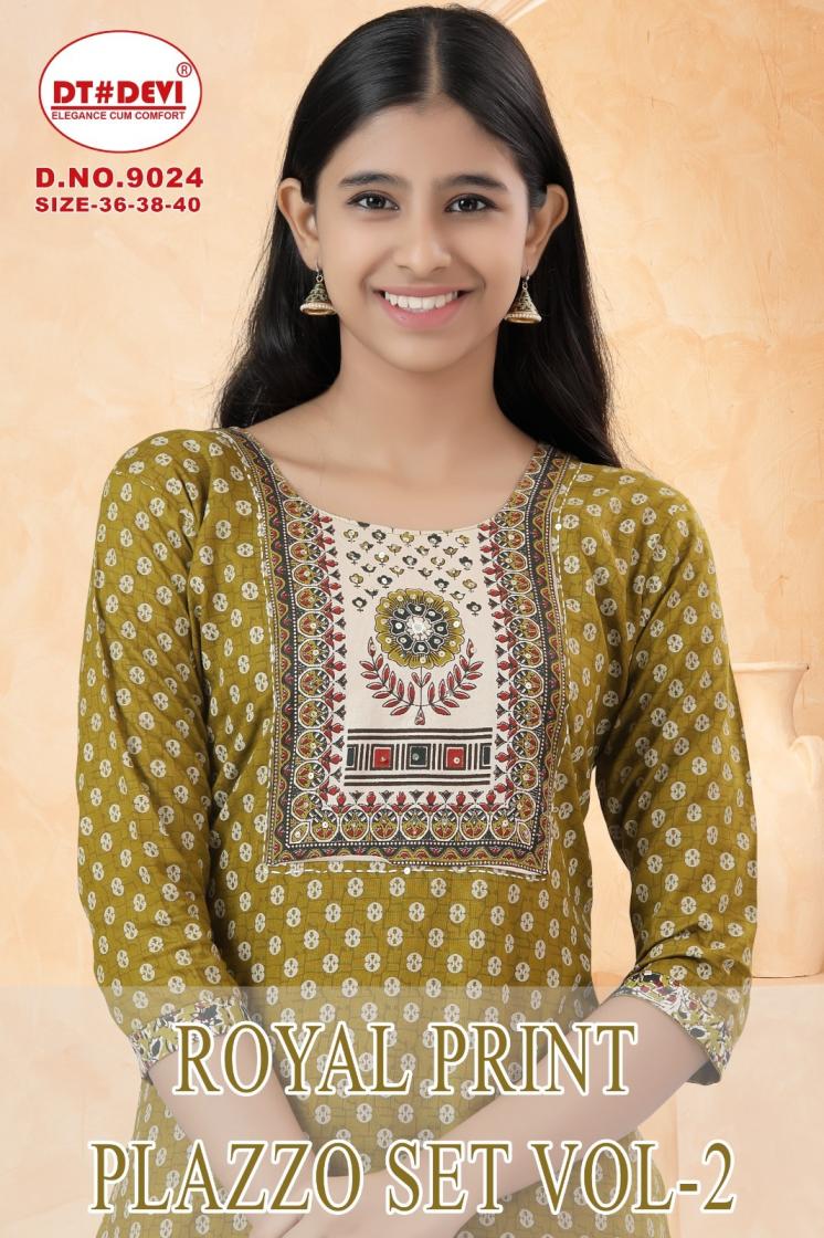 ROYAL PRINT PLAZZO SET VOL 2 BY DT DEVI 9024 COTTON DAILY WEAR FULL STITCH COMBO KIDS SUITS  