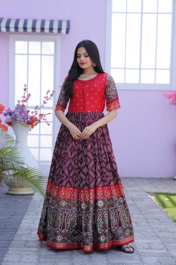 KA 1035 DOLA SILK PATOLA UNIQUE DESIGN FULL STITCH  LONG GOWN 
