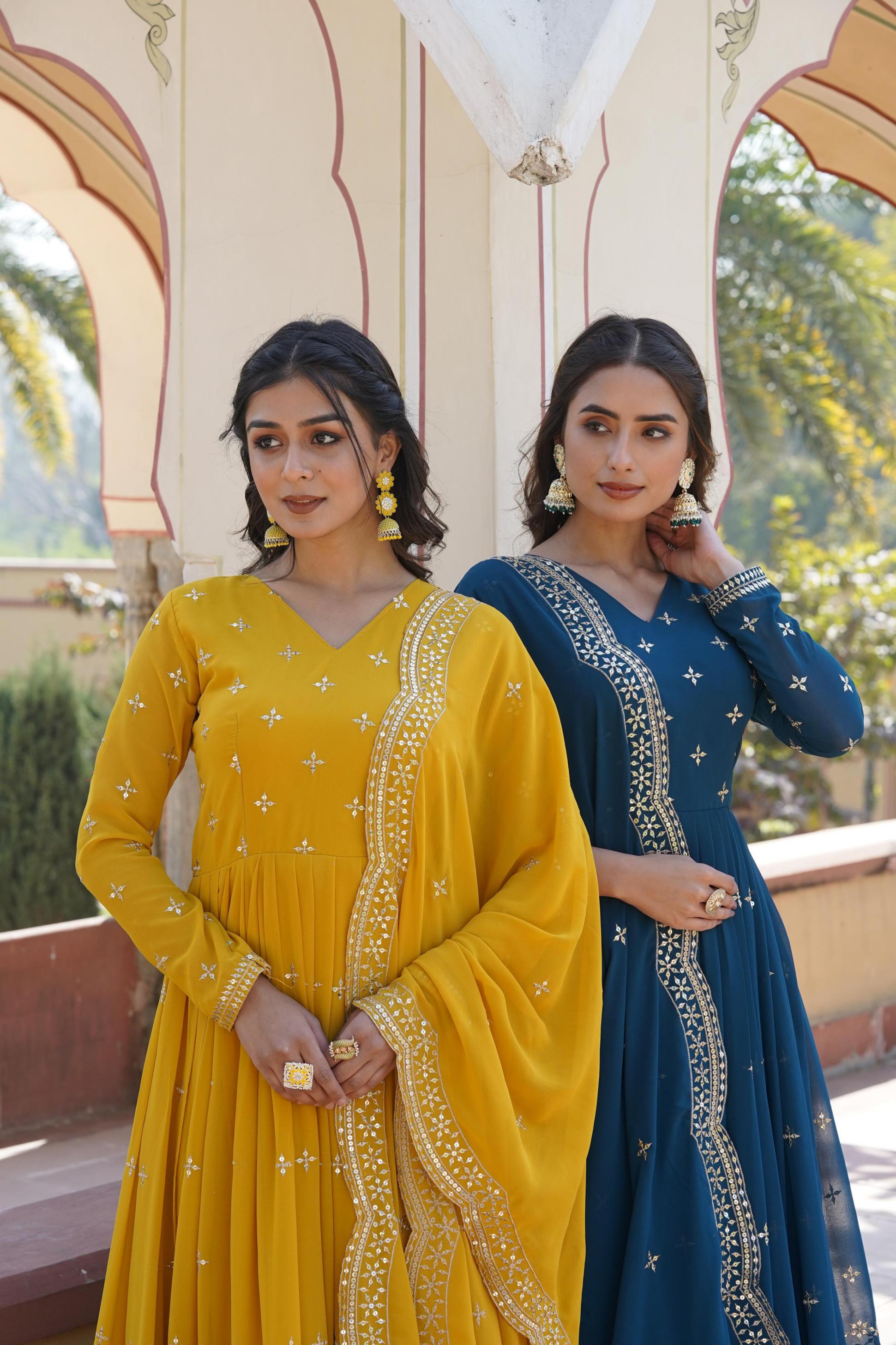 KA 1084 GEORGETTE DESIGNER V NECK FULL STITCH GOWNS 