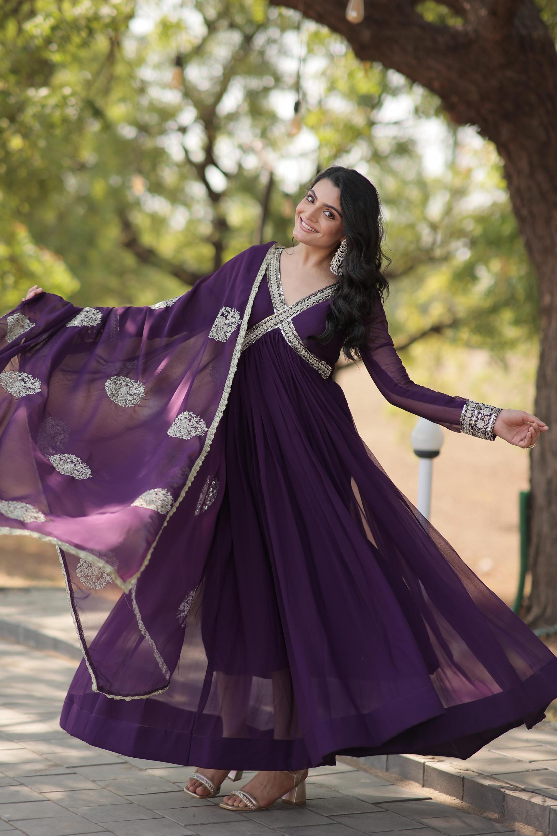 ka 1107 full stitch stylish faux blooming alia cut gown with dupatta