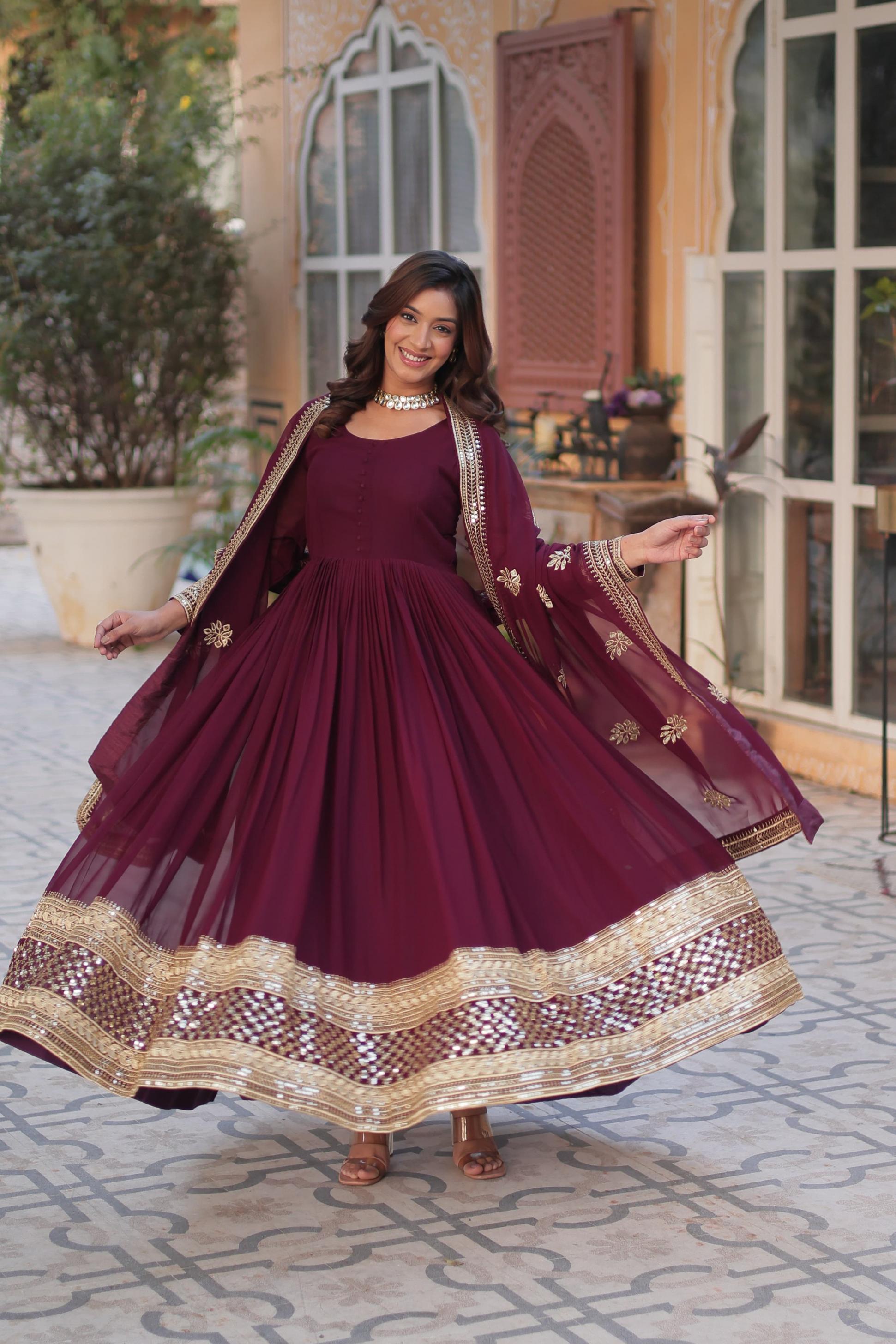 ka 1135 faux blooming readymade designer gown with dupatta set online 