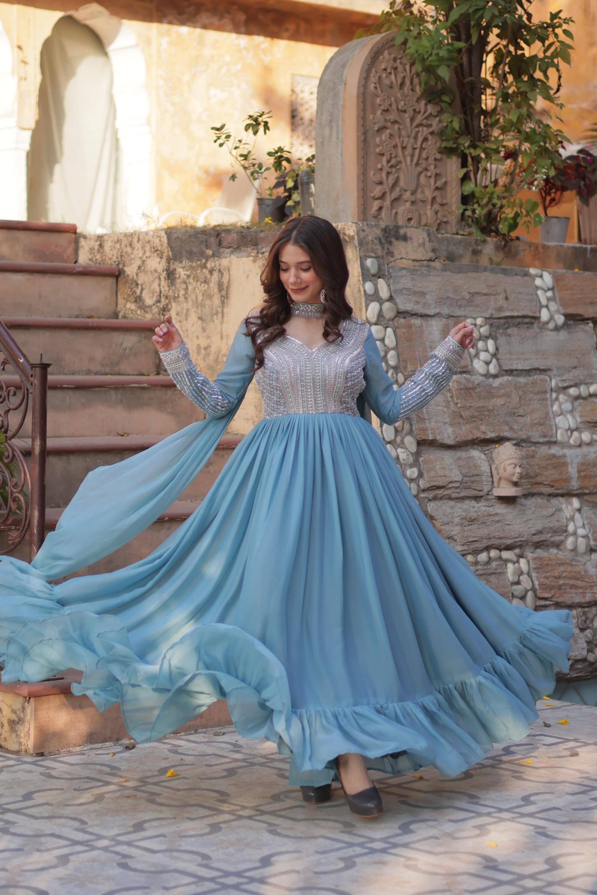 ka 1151 star georgette beads gorgeous look readymade gown with dupatta online 