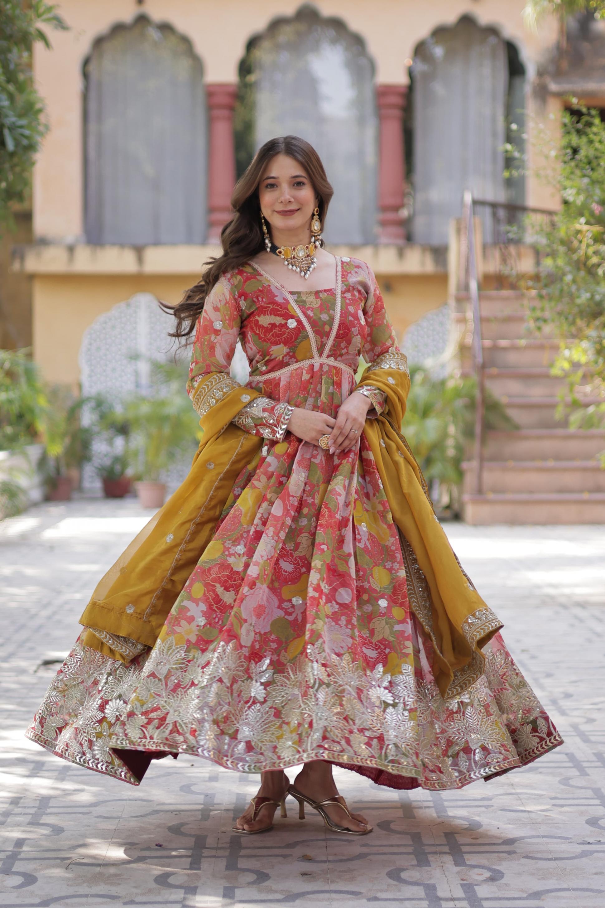 KA 1159 ANARKALI RUSSAIN SILK READYMADE FASHIONABLE DESIGN GOWN WITH DUPATTA 