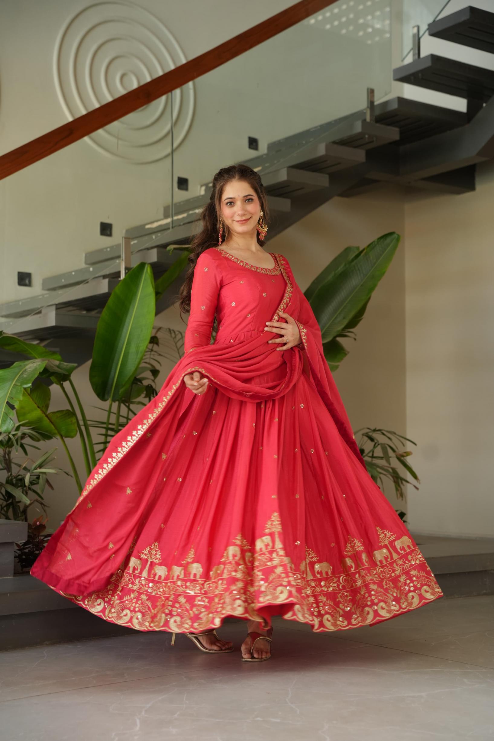 ka 1165 chinon zari sequins work fully stitch trendy gown with dupatta online 