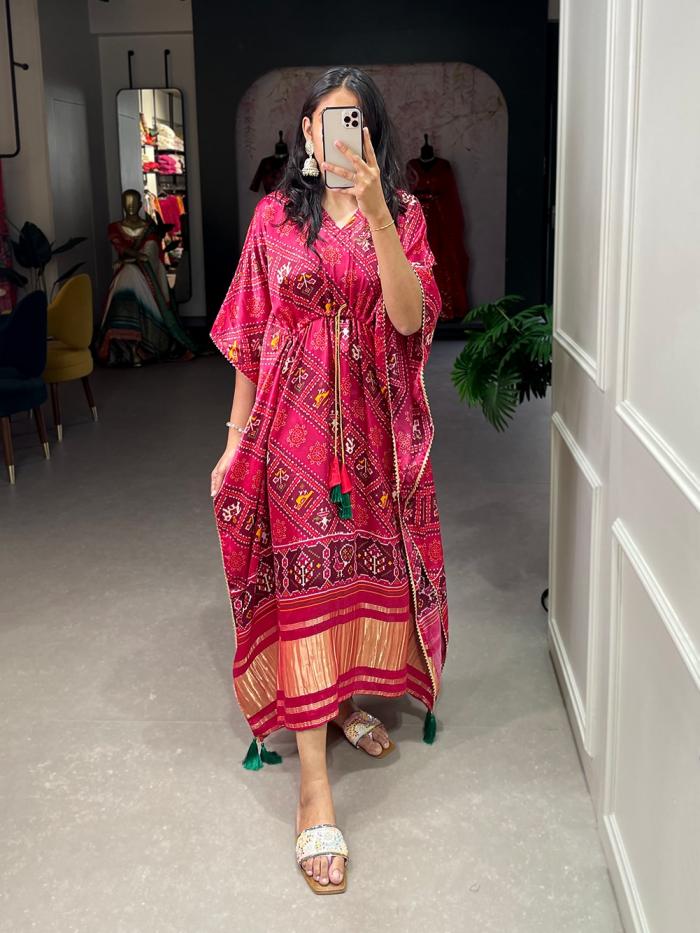 kaftan hit design fully stitch gaji silk digital printed gotta patti kaftan kurtis
