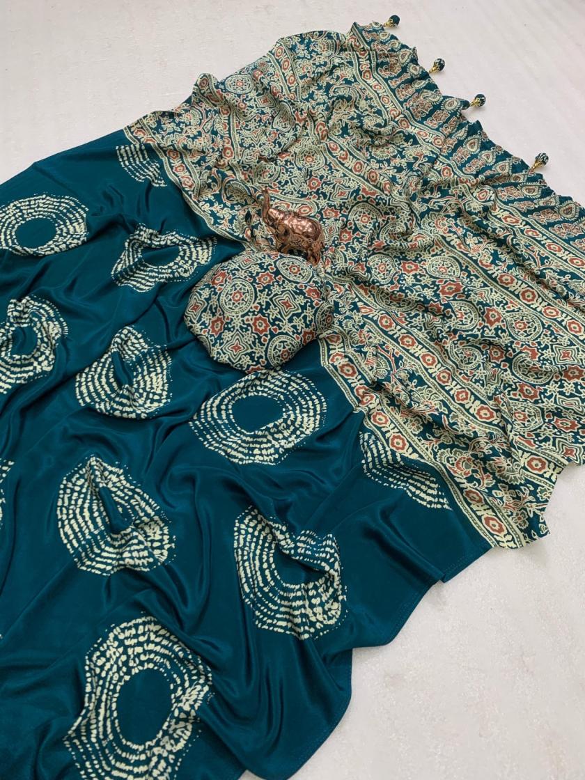 kc 8001 kajarkha vol 5 satin ajrak print stylish look saree exports 