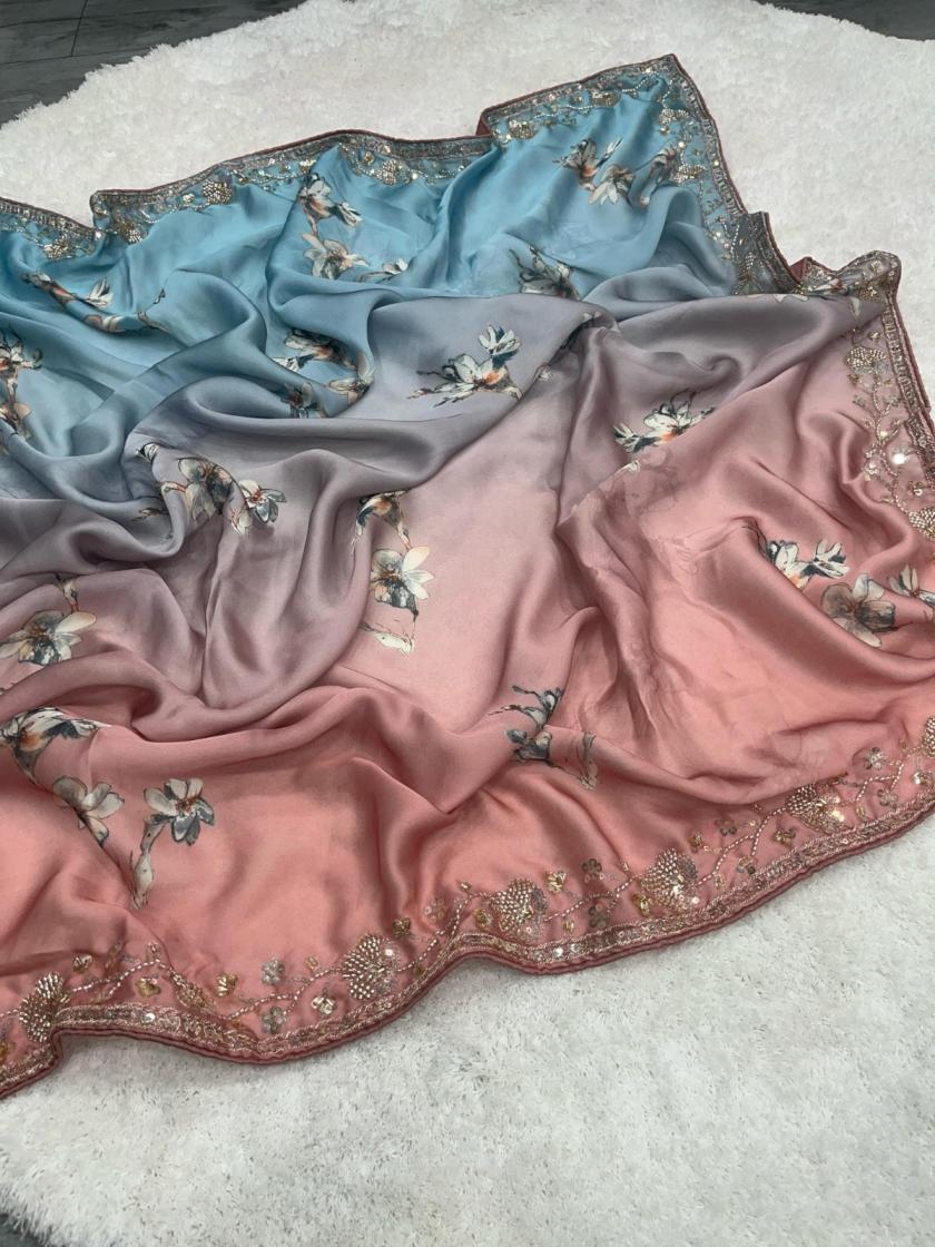 kc 819 attractive look satin georgette saree with fancy blouse 