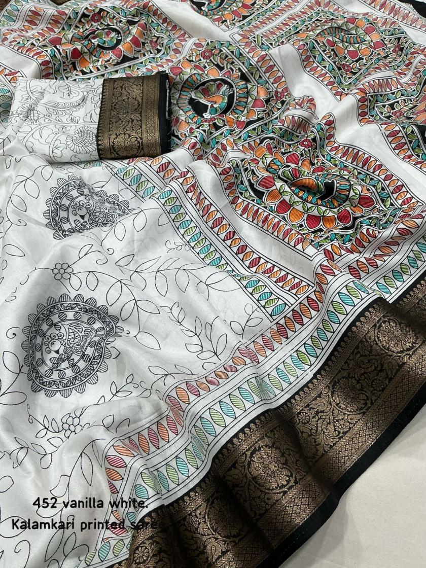 KC KALAMKARI WHITE BEAUTIFUL VANILA COTTON FANCY SAREES 