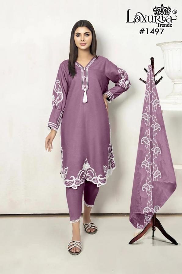 1497 BY LAXURIA TRENDZ ZAM SATIN DESIGNER FULL STITCH PAKISTANI SUITS  