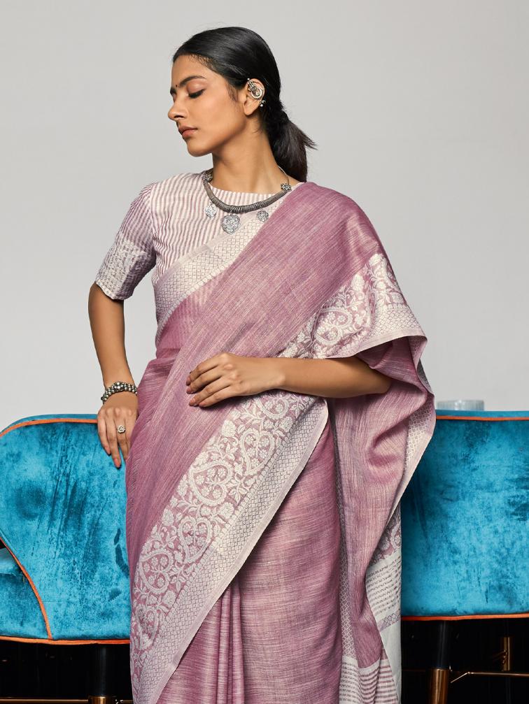 ASTITA LINEN LOOMS FANCY DESIGNER LINEN FABRIC SAREE WITH LAKHNAVI BORDOR WHOLSALE SAREE WITH LATKAN