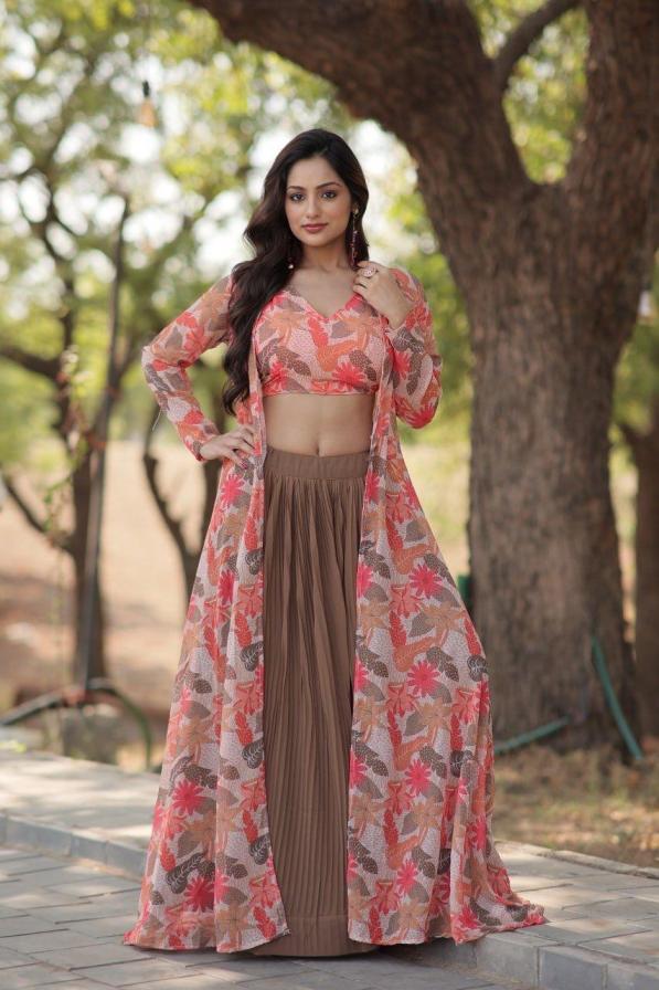 LW 7107 GEORGETTE FULL STITCH TRADITIONAL SHRUG STYLE INDO WESTERN DRESS
