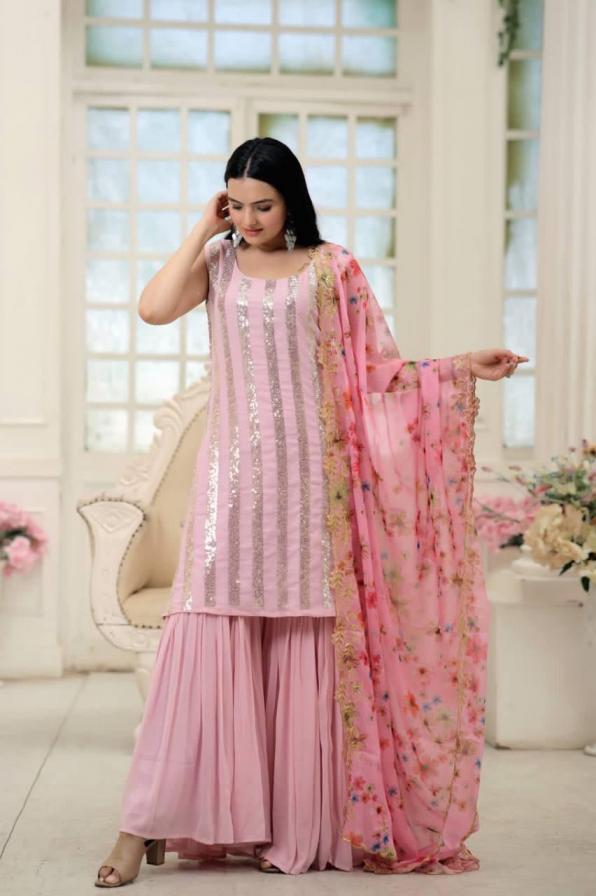 LW 9138 HIT DESIGN FAUX BLOOMING FULL STITCH SHARARA STYLE 3PCS DRESS