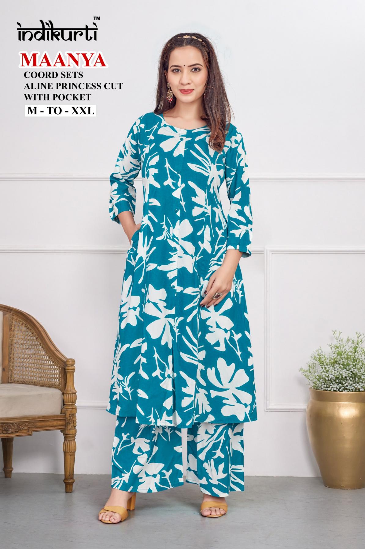 INDIKURTI LAUNCH MAAYNA RAYON PRETTY LOOK FULL STITCH COMBO CO-ORD SET 
