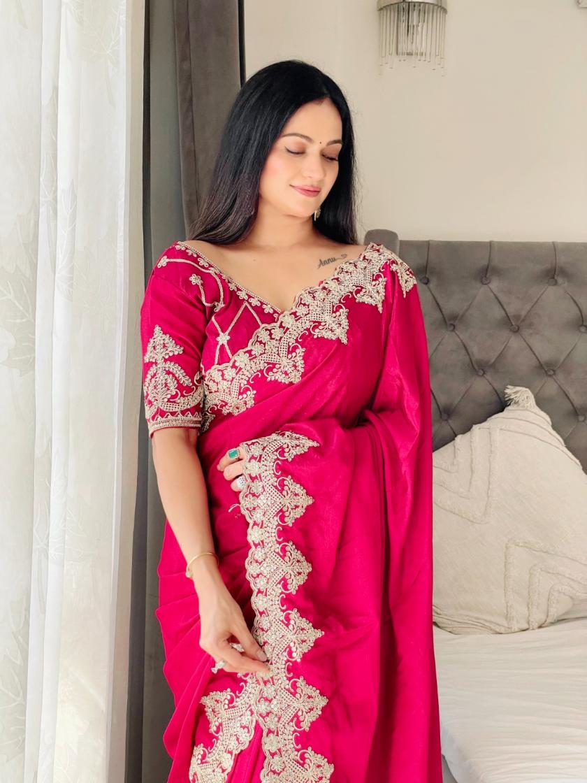 madhuri march traditional chinon silk saree with blouse pieces 