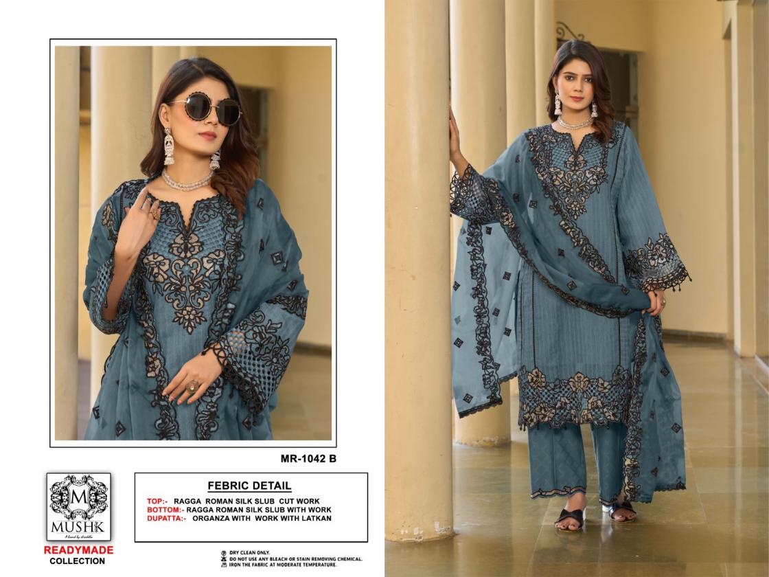MUSHK SHRADDHA DESIGNER MR 1042 ROMAN SILK FULL STITCH PAKISTANI DRESS