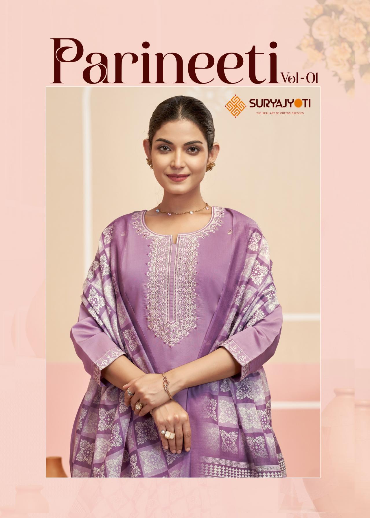 suryajyoti parineeti vol 1 roman modal silk full stitch stylish 3pcs dress