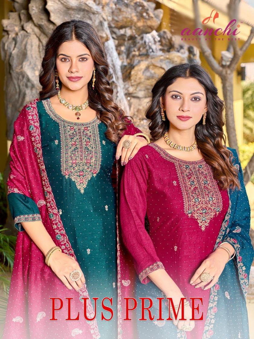 aanchi plus prime unique full stitch vichitra silk big size combo 3pcs dress