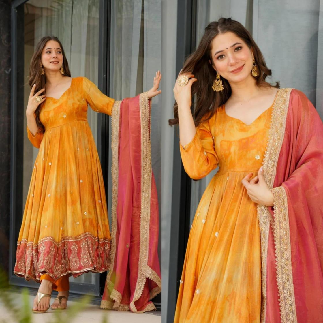 pr 5097 chinon silk readymade party wear gown with dupatta 
