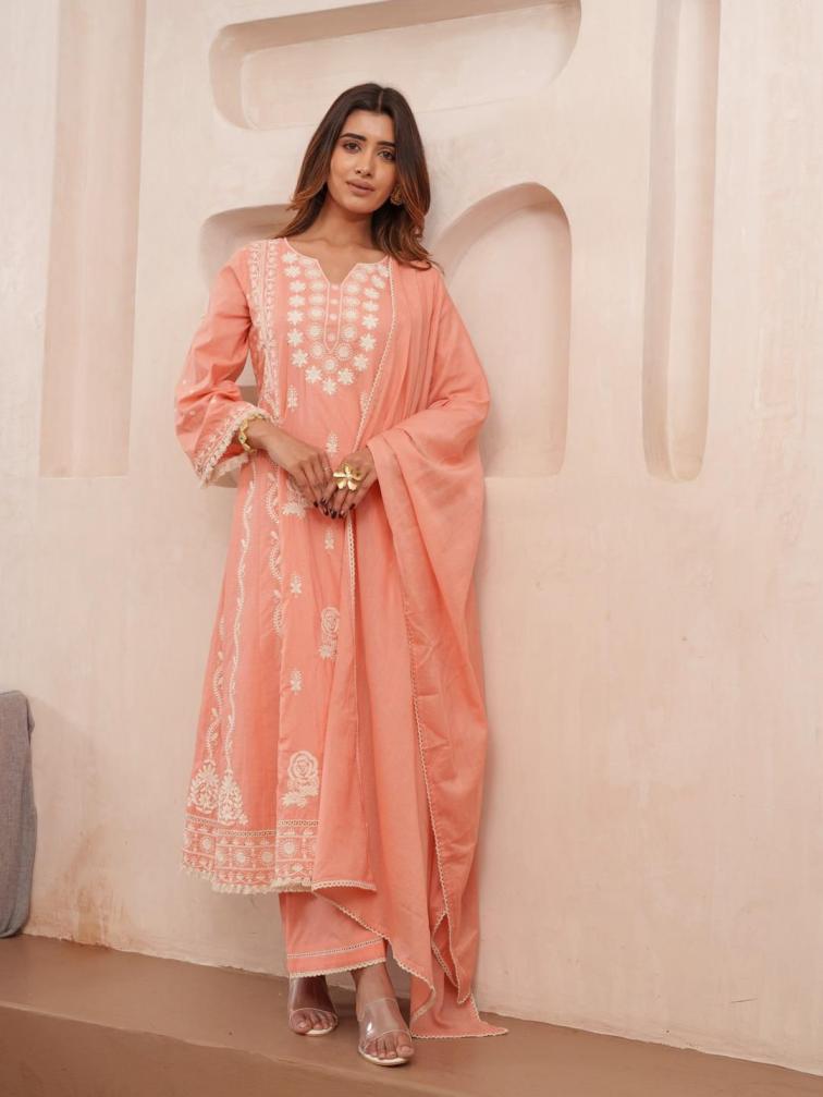 PSYNA COTTON POPULAR DESIGN FULL STITCH CHIKANKARI 3PCS COMBO DRESSS