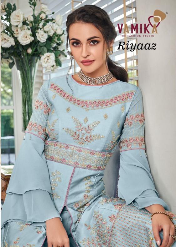 vamika riyaaz nx traditional wear full stitch fox georgette plazzo 3pcs dress