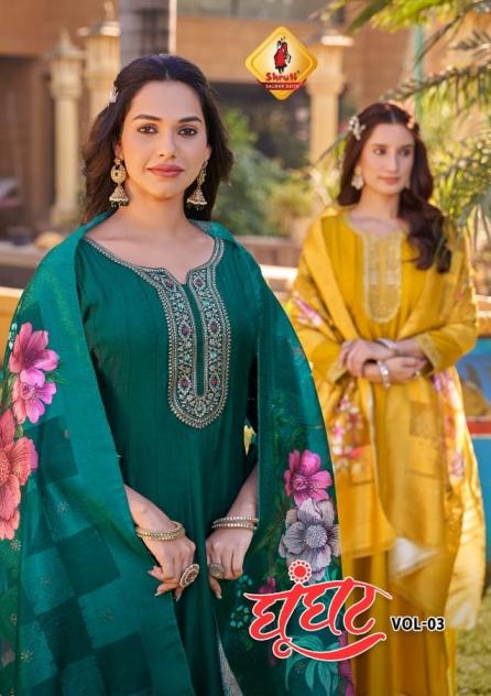 ghunghat vol 3 by shruti party wear full stitch viscose vichitra silk flair kurti with dupatta