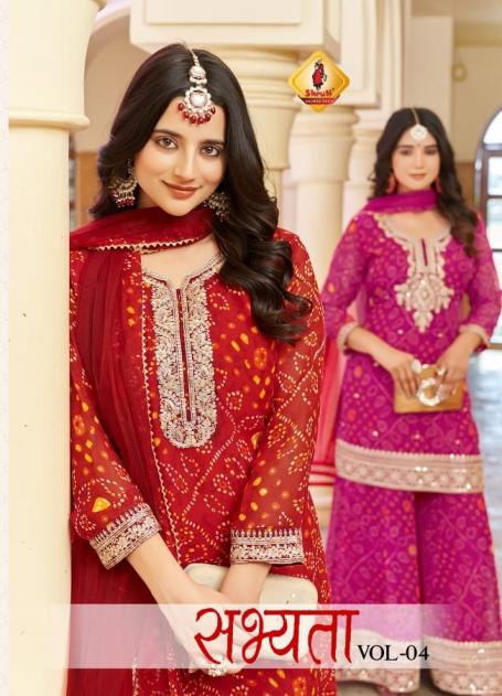 sabhyata vol 4 by shruti suit fully stitch georgette party wear plazzo style 3pcs dress