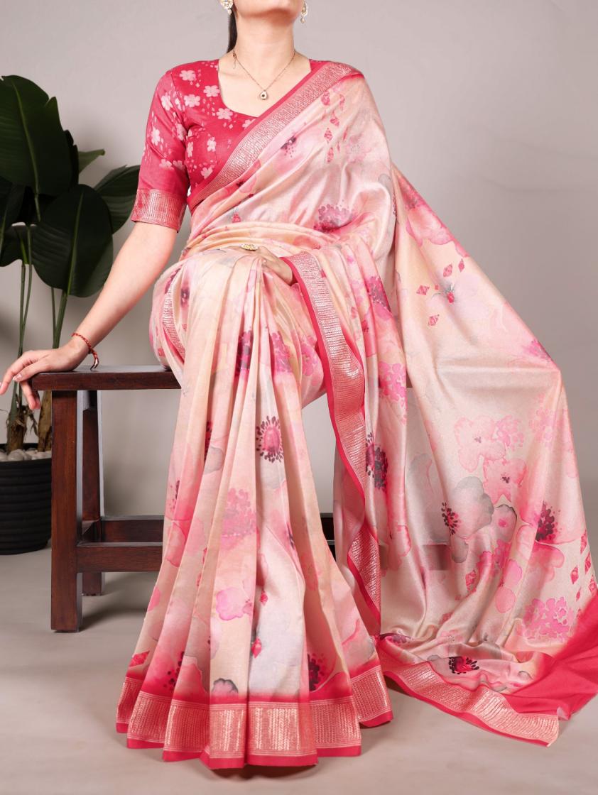 FLORAL PRINTED YNF7024  VISCOSE BORDER TUSSAR SILK SAREE 