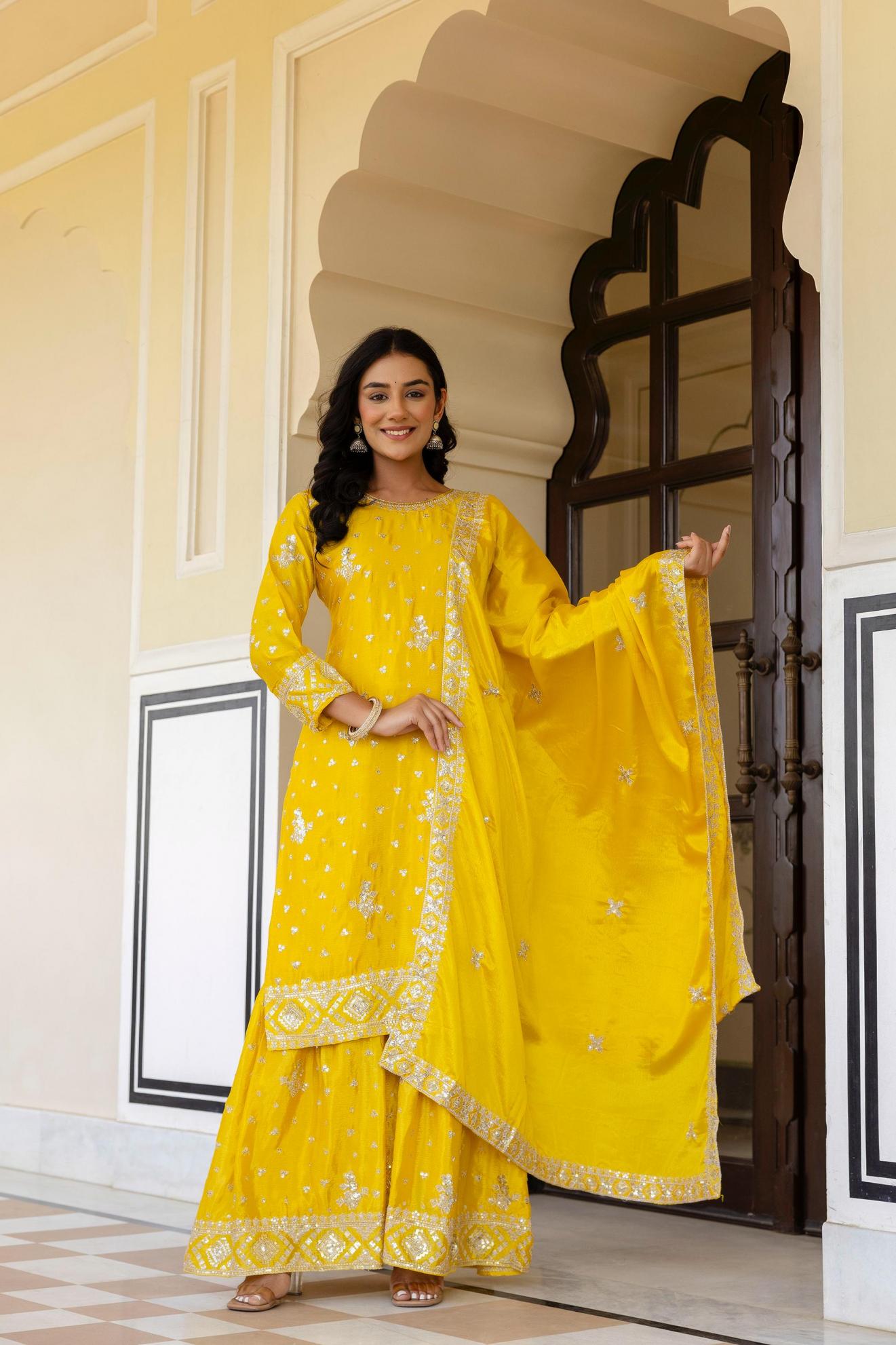 5066 TRADITIONAL FULL STITCH CHINON SHARARA STYLE 3PCS DRESS
