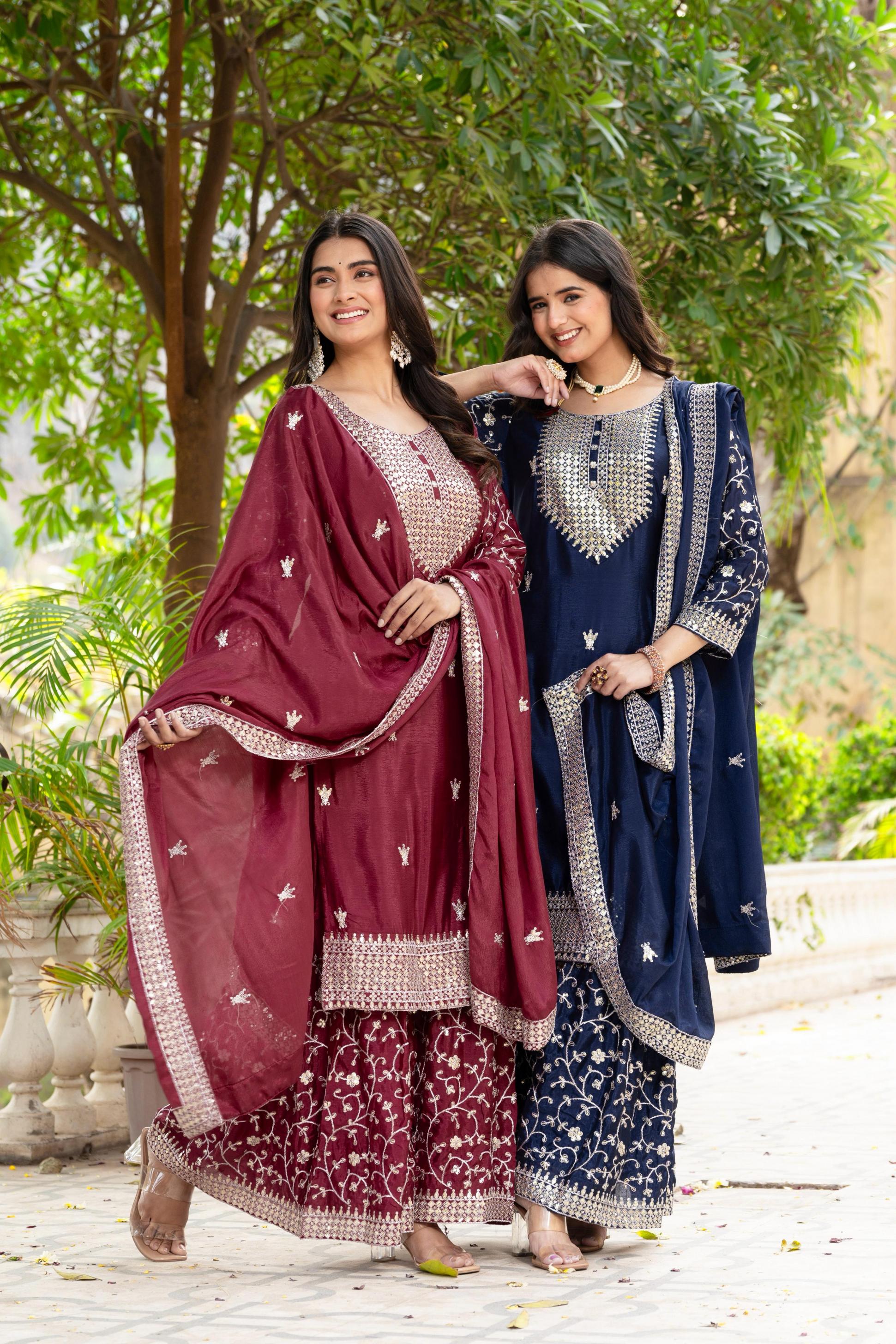 5084 DESIGNER CHINON FULLY STITCH SHARARA STYLE 3PCS DRESS  