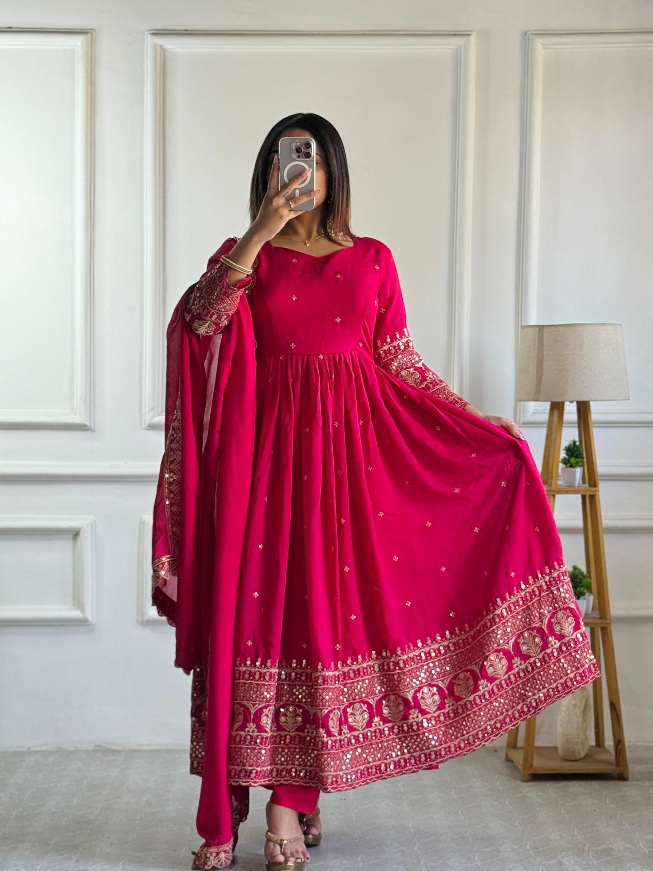 5093 FASHIONABLE BLOOMING VICHITRA SILK FULL STITCH COMBO SUIT 