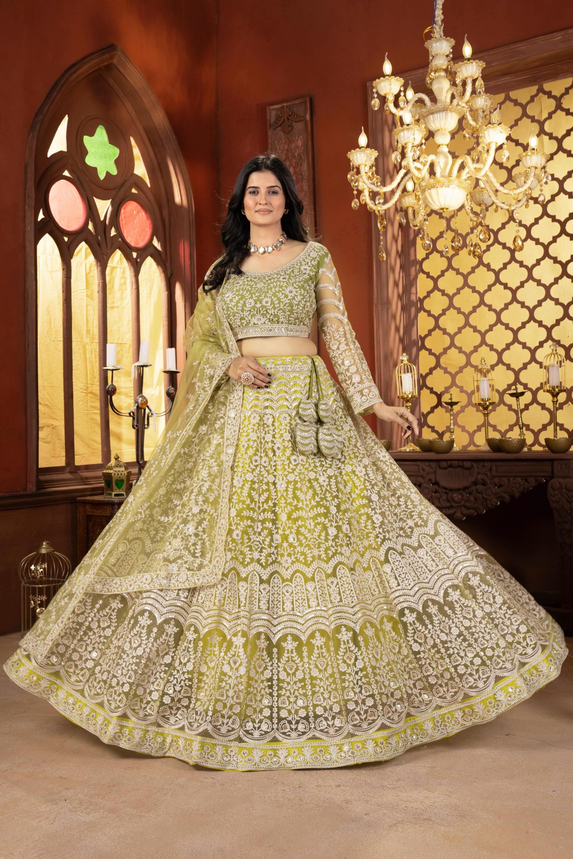 5103 NET TRADITIONAL EMBROIDERY WORK LEHENGA FOR WEDDING