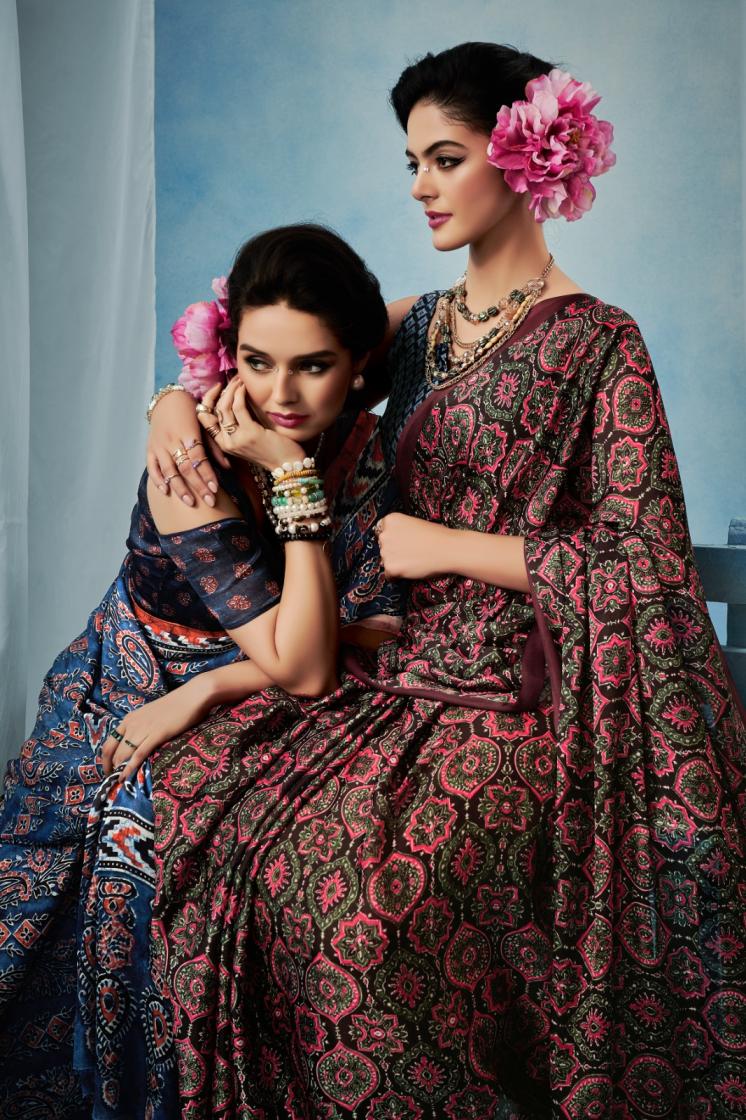 SOSY AJRAKH SILK SATIN GEORGETTE HIT DESIGN SAREE FOR WOMENS 