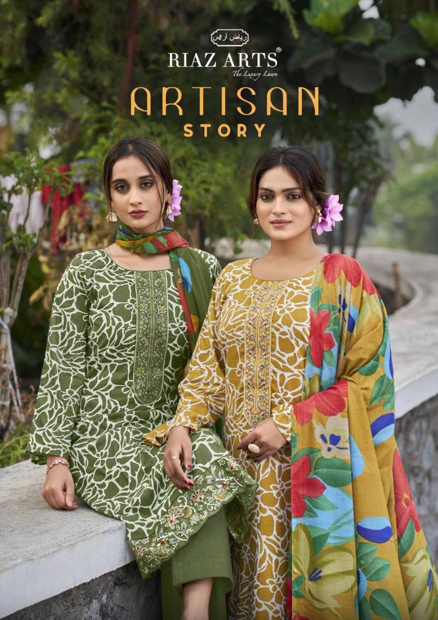 RIAZ ARTS ARTISAN STORY LAWN KARACHI UNSTITCH FANCY 3PCS DRESS