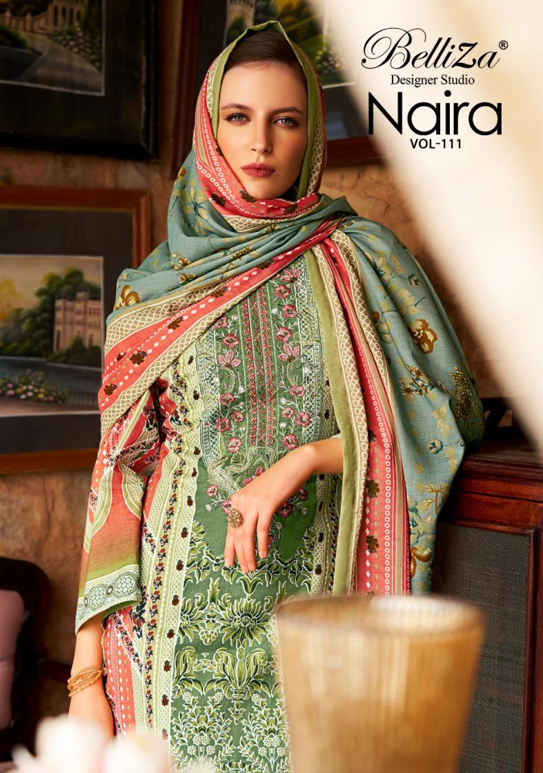 NAIRA VOL 111 BY BELLIZA DESIGNER COTTON MODERN UNSTITCH PAKISTANI SUITS  