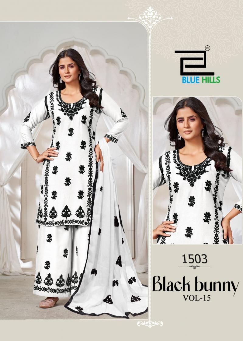 BLUE HILLS BLACK BUNNY VOL 15 RAYON PRETTY LOOK FULL STITCH PLUS SIZE PLAZZO STYLE SUITS 