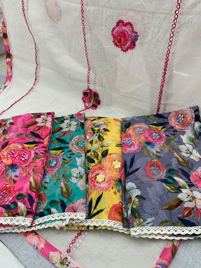 CHEESE CAKE COTTON STYLISH LOOK MIRROR WORK UNSTITCH SUIT 