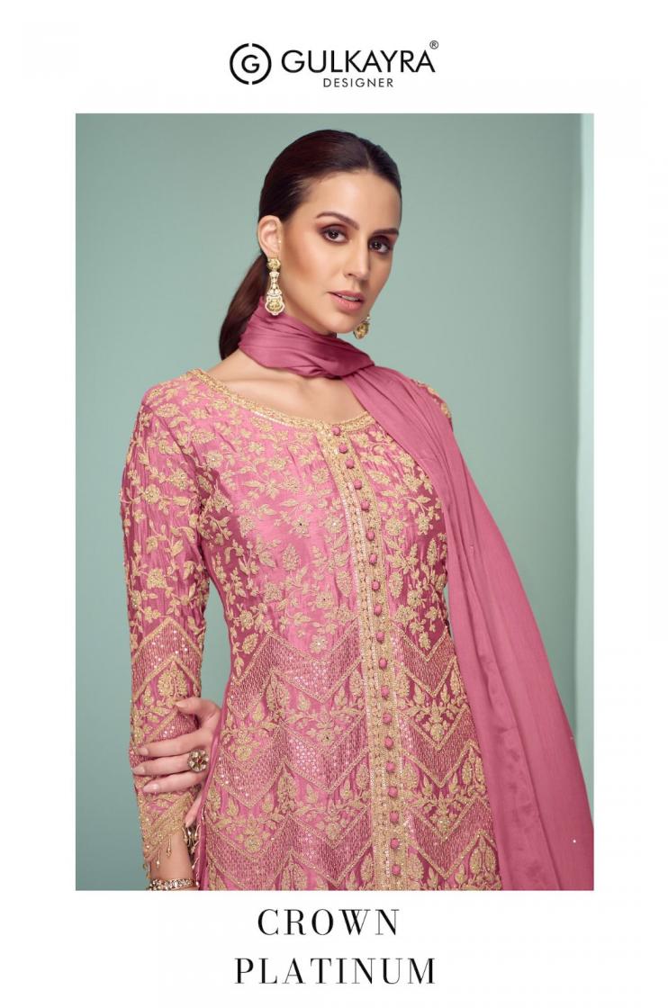 GULKAYRA DESIGNER CROWN PLATINUM FASHIONABLE CHINON FULL STITCH PLAZZO SUITS 