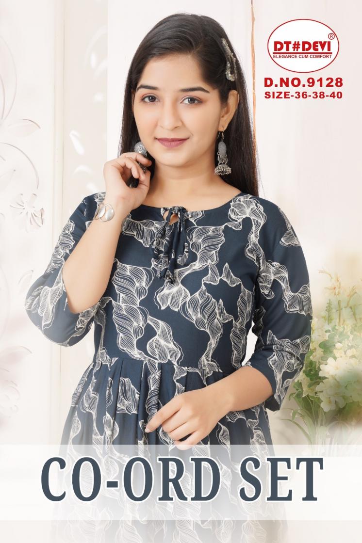 CO-ORD SET BY DT DEVI 9128 RAYON FULL STITCH STYLISH COMBO KIDS KURTI WITH PAIR 