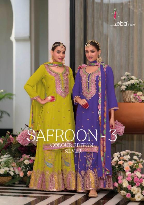 SAFROON VOL 3 BY EBA LIFESTYLE SILVER CHINON FULL STITCH PLAZZO SUITS 