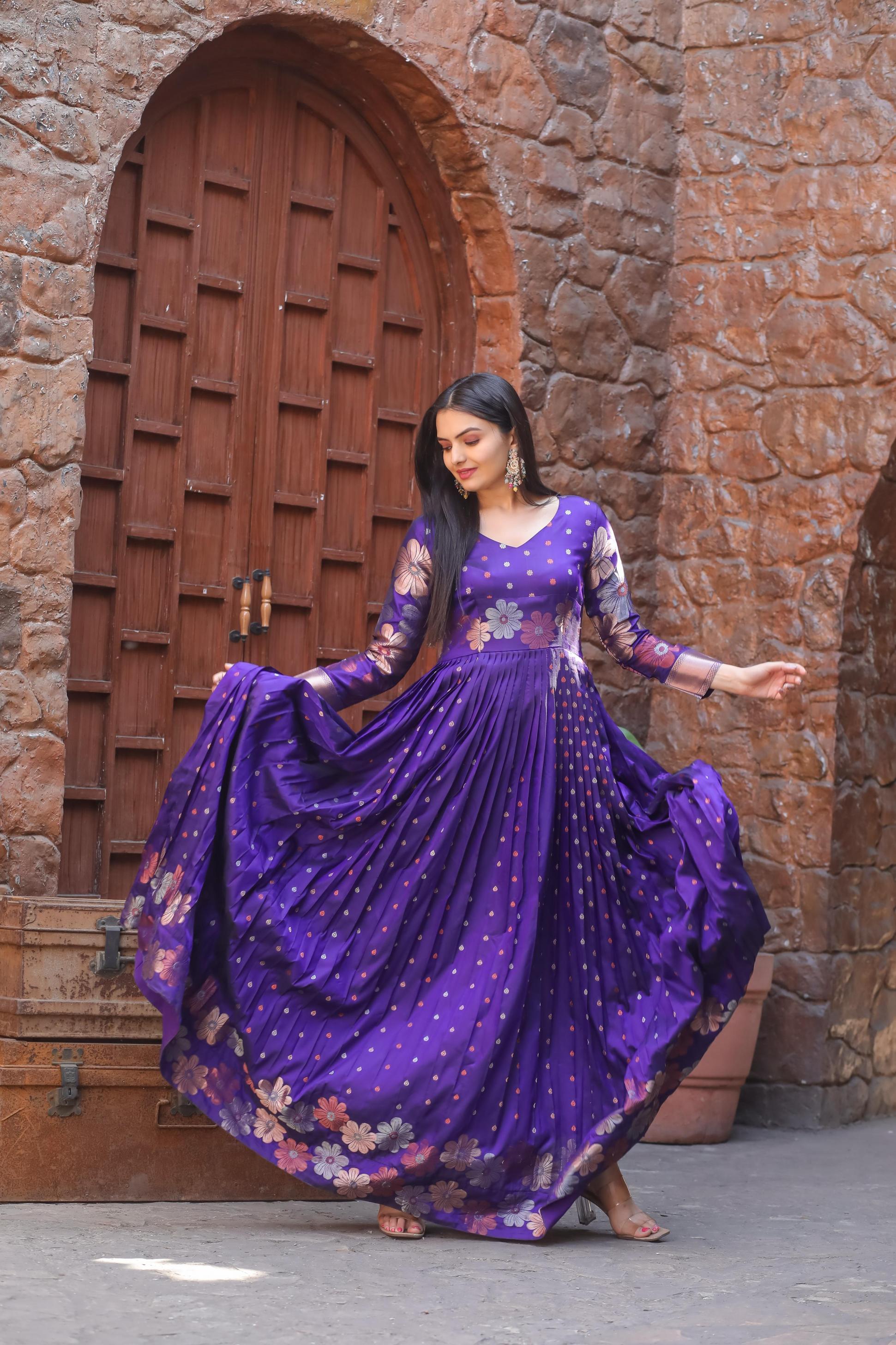 GOWN SILK GOLD ZARI WEAVING FASHIONABLE DESIGN FULL STITCH PLUS SIZE COMBO GOWN 